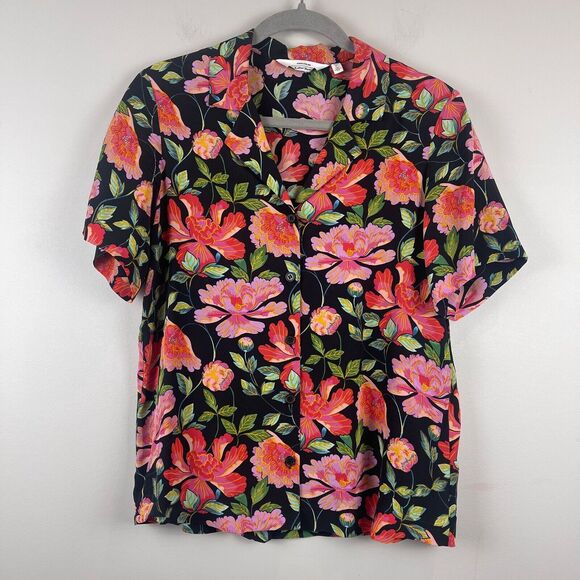 & Other Stories Paris Atelier Top Womens 4 Black Peony Print Short Sleeve Bloom - Picture 1 of 8